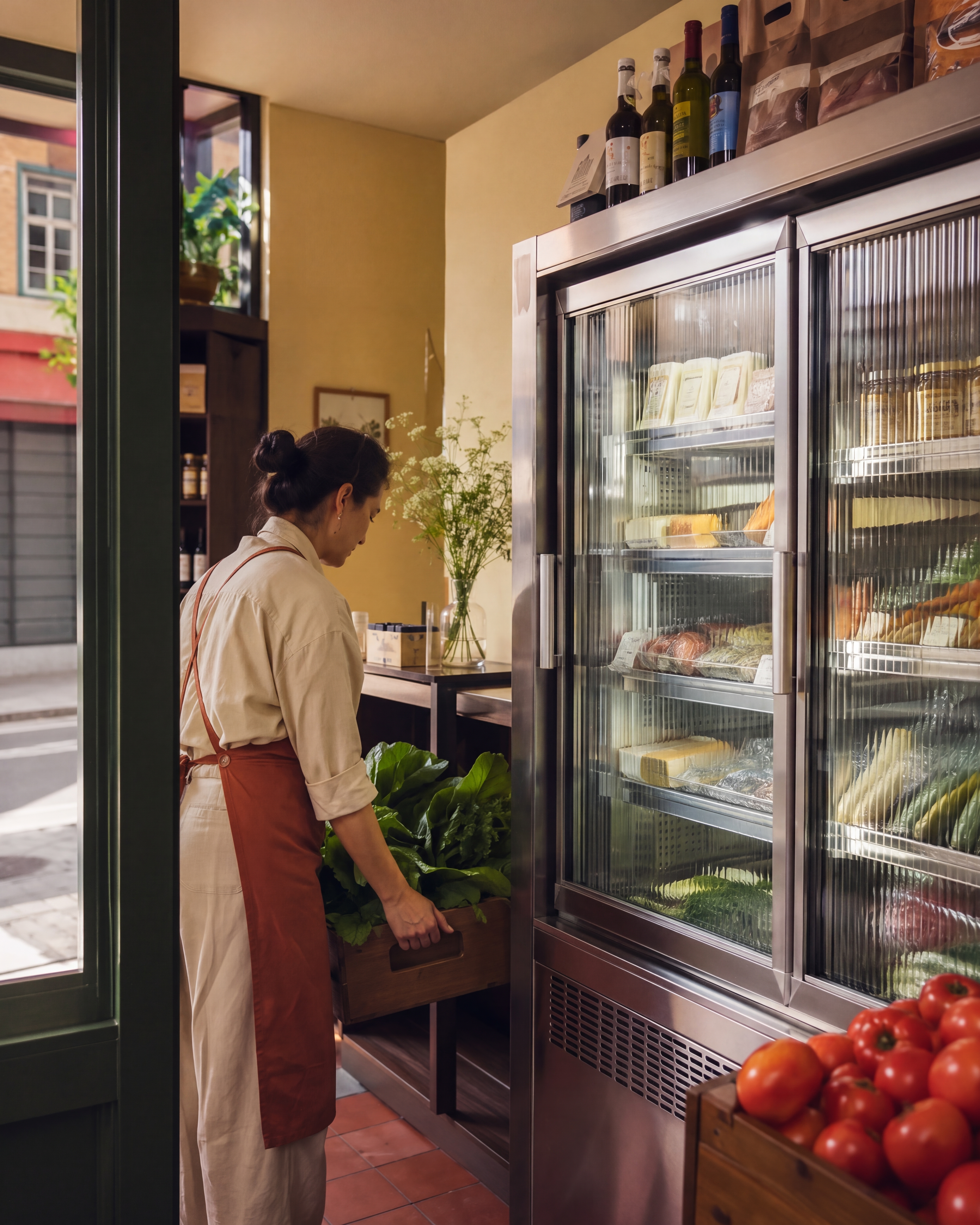 Uma comerciante organizando os alimentos ao lado do refrigerador em uma delicatessen